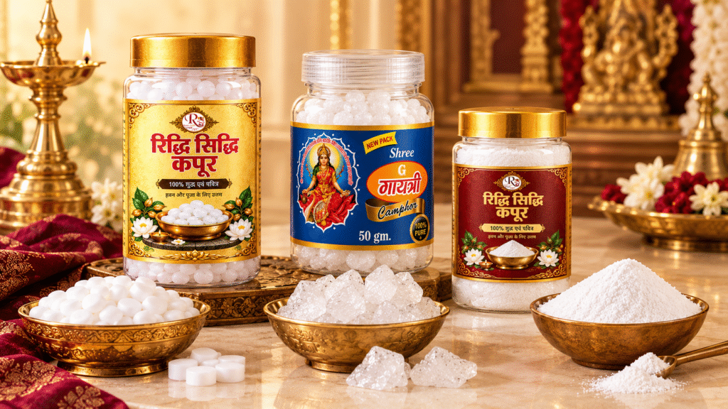 Different types of camphor including tablets crystals and powder